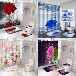 3D Blue Red Pink Rose Print Shower Curtain Set Bathroom Bathing Screen Anti-slip Toilet Lid Cover Carpet Rugs Kitchen Home Decor 210915