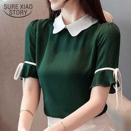 Korean fashion clothing chiffon blouse women's clothing Short Bow Solid Peter pan Collar ladies tops blouse shirts 3463 50 210527