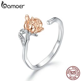 925 Sterling Silver Graceful Rose Open Adjustable Plated platinum Finger Rings for Women Fine Jewelry BSR134 211217