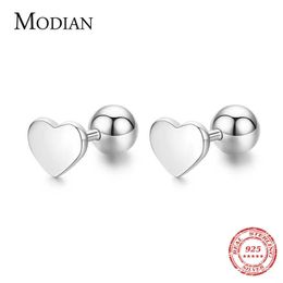 100% Real 925 Sterling Silver Simple Hearts Stud Earrings Fashion Round Bead Earring For Women Statement Fine Jewellery 210707