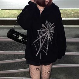 Gothic Black Rhinestone Punk Hooded Women Fairy Grunge Dark Academia Jacket Coat Harajuku Zipper Sweatshirts Emo Alt Clothing X0721
