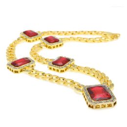 Chains Men'Miami Cuban Link Necklace Gold Silve Color 5pcs Square Red Gem Crystal 30" Full Rhinestone Hip Hop Rock Jewelry1