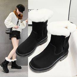 Winter Snow Womens Boots Black Cow Suede Leather Wool Boots Shoes Increase 3.5cm Rubber Flock Fur Suede Ankle Boots Female