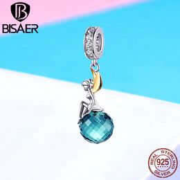 BISAER Authentic 925 Sterling Silver Blue Crystal Mysteriou Elf Planet Beads Charms fit Bracelet Silver Jewelry Making EFC056 Q0531