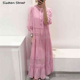 Elegant Pink Dress Woman O-neck Single-breasted Maxi Vestido es Polka Dot Vintage Loose Long Spring 210603