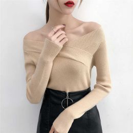 V Neck Twisted Back Sweater Women Jumpers Autumn Pullovers Casual Tops Long Sleeve Knitted Sweaters Off Shoulder pull femme X0721