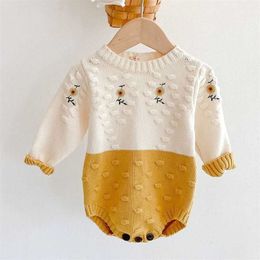 Spring Baby Girl Rompers Long Sleeves Knit Sunflower Embroider Autumn born Clothes 211101
