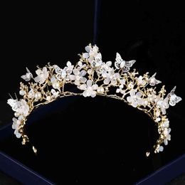 Wedding Hair Jewellery Accessories Butterfly Flower Crystal Crown Headdress Golden Baroque Dress Bridal