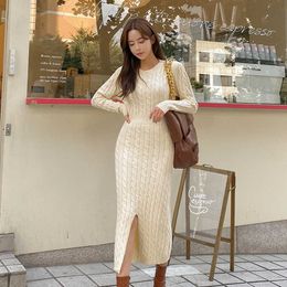 Autumn Winter Warm Women Split Knitting Dresses Chic Elegant Casual Midi Twist Sweater Dress Female 210529