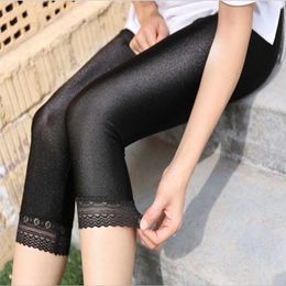 Summer Women Calf-Length Pants Lace Leggings Slim Solid Female Shiny Pants Mujer Simple Casual Elasticity Trousers 211014