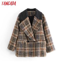 Tangada Women Faux Leather Collar Patchwork Tweed Blazer Coat Vintage Double Breasted Long Sleeve Female Outerwear Chic Tops 3H9 210609