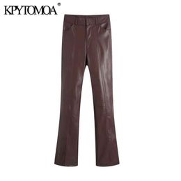 KPYTOMOA Women Fashion With Slit Faux Leather Pants Vintage High Waist Zipper Fly Female Trousers Mujer 211124