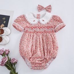 2PCS Baby Smock Floral Romper Girl Handmade Embroidered Jumpsuit Toddler Smocked Clothes Infant Birthday Rompers with Hairpin 210315