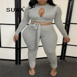 Classic Gray Fall Winter Women Clothing Sets 2 Piece Outfit Hollow Out Long Sleeve Slim Crop Top Pencil Pants Trendy Chic Party 210525