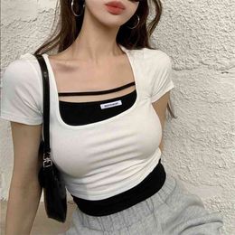 T-shirt women's summer vacation two-piece stitching square collar short tight bottoming white short-sleeved 210529