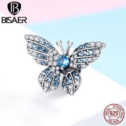 BISAER 925 Sterling Silver Crystal Butterfly Beads Zircon Charms fit for Bracelets Bangles Silver 925 Jewellery Q0531