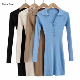 Casual Turn-down Collar Button Knitted Bodycon Dresses Women Long Sleeve Autumn Winter Home Basic Sexy Skinny Mini Dress Ladies Y1006