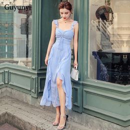 Sky Blue British Style Chiffon Dress Summer Sleeveless Spaghetti Strap Chest Drawstring Ruffles Party Elegant Women 210608