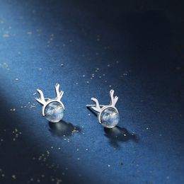 Stud Original Silver Color Cute Deer Antlers Earring Tibetan Moonstone For Women Girl Kid Christmas Friendship Gift