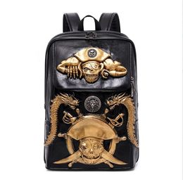 Fashion 3D Embossed Pirate Skull Men Leather Backpack dragon Laptop travel bag Women unique personality Cool Men School Bags