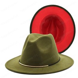 Black Red Patchwork Wool Felt Jazz Fedora Hats Belt Decor Women Unisex Wide Brim Panama Party Trilby Cowboy Cap