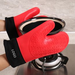 Heat Insulation Silicone Oven Mitts,Cotton Sleeve Heat Resistance Baking Gloves No-Slip Microwave Hot Proof Glove