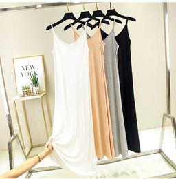 Women Summer Long Dress O-neck Sleeveless Modal White Casual 4 Colours Home Gown Ankle-length Black Spaghetti Strap Dresses 210625