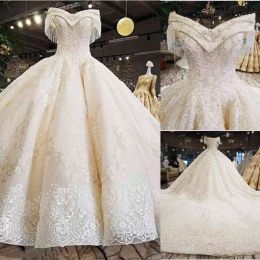 Bollklänning bröllopsklänningar brudkristaller spets applikation pärlor av axel svep tåg anpassad plus size vestidos de novia desinger