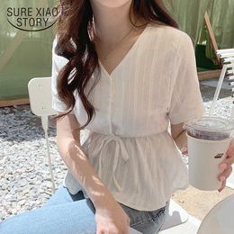 Embroidery Shirt Summer White Blouses Women Tops Femme Casual Short Sleeve Linen Cotton Lace Up Plus Size Girls Blouse 10108 210528