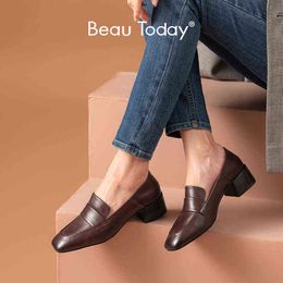 Women's Calf Leather Casual Shoes Lace Less Square Head Formal High Heels Handmade 15337 2 9