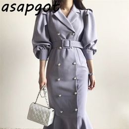 French Notched Pearl Double Breasted Temperament Elegant Dress Long Slim Warp Hip Empire Full Puff Sleeve Mermaid Dress Bandage 210309