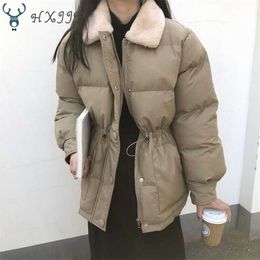 Winter Korean Down Cotton Bread Coat Thick Outerwear Women's Drawstring Waist Faux Rabbit Fur Lapel Warm Jackets Female 211018