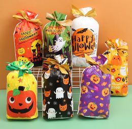 50pcs/lot Halloween Ribbon Drawstring Bag Candy Gift Food Storage Packaging Bags with Pumpkin Ghost Pattern