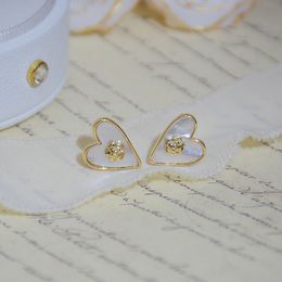 2021 Dangle & Chandelier Korean Flower Paved Shell Heart Stud Earrings For Female Delicate New Fashion Pendientes Gifts
