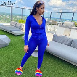 Nibber Sporty Casual Long Sleeve Hooded Zipper Solid two pieces set women Autumn Workout Skinny Top And Pants Matching Set mujer Y0625