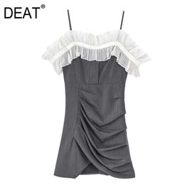 [DEAT] Summer Fashion Grey Slash Neck High Waist Sleeveless Sling Folds Strapless Splicing Dress Women 13Q076 210527