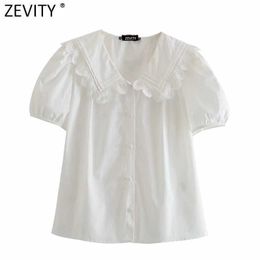 Zevity Women Sweet Lace Stitch Big Turn Down Collar Casual Smock Blouse Female Short Sleeve Poplin Shirt Chic Blusas Tops LS9261 210603