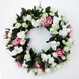 Decorative Flowers & Wreaths Spring Simulation Rose Artificial Flower Pink And White Wreath Ring Home Door Decorations Wedding Wall Farmhous