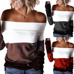 Women's Sweaters Sexy Off Shoulder For Women Chunky Knit Jumpers Long Sleeve Oversized Striped Pullovers Color Block Trendy Sweater