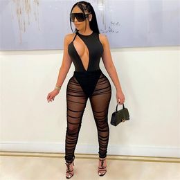 BKLD Tracksuit Women New Solid Colour Sexy Irregular Hollow Out Bodysuits And High Waist Pant Suits Mesh Outfits Party Clubwear X0709 X0721