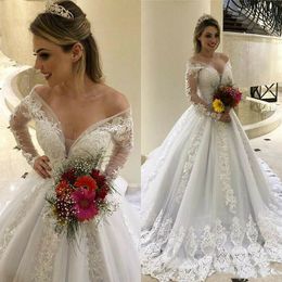 Elegant Wedding Dress Luxury Princess Wedding Dresses Long Sleeve V-Neck Bridal Gowns Appliques Custom Off The Shoulder