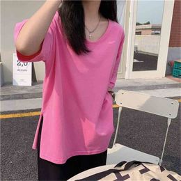 Summer Short-Sleeved Solid Split Pullovers Basewear Basic Chic Loose Tops Casual Tee Retro Gentle T-shirts 210525