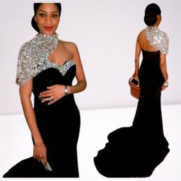 Trumpet High Neck Evening Dress Black Prom Gown Beaded Crystal Mermaid Dresses Formal Long Party Gowns