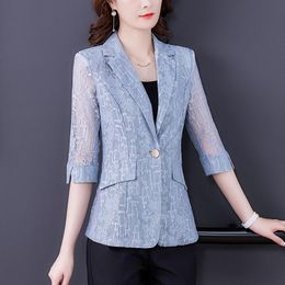 Women's Suits & Blazers Summer Lace Top Women Transparent Single Button Three Quarter Sleeve Hollow Out Blazer Thin Jacket Suit Outwear