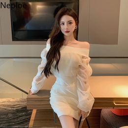 Casual Dresses Neploe For Women 2021 Temperament Robe Sext Slash Neck Patchwork Gauze Vestidos Korean Slim Waist Bodycon Mini Dress