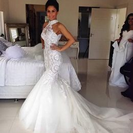 Arabic Midwest Abaya Mermaid Wedding Dress White Ivory Plus Size Lace sleeveless Beaded Crystal Chapel Train Bridal Gowns