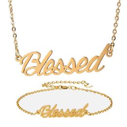 Earrings & Necklace Fashion Stainless Steel Name + Bracelet Set " Blessed Script Letter Gold Choker Chain Pendant Nameplate Gift