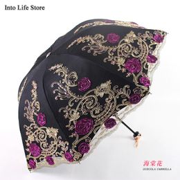 Lace Three Folding Lace Umbrella Rain Women UV Sun Umbrellas Beach Windproof Parasol Ladies Japanese Gift Ideas UPF50+