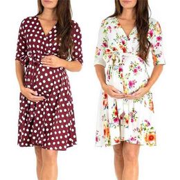 Flower Breastfeeding Dresses Maternity Clothes for Pregnant Women Clothing Solid V-neck Pregnancy Mother Wear Evening 210922
