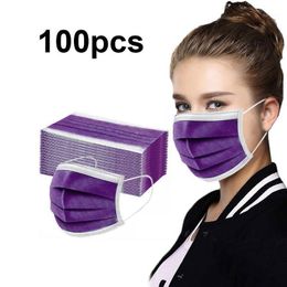 Cycling Caps & Masks Purple Disposable Face Mask 100pc Non-woven 3 Ply Shield Halloween Cosplay Hiking Scarves Breathable Protective